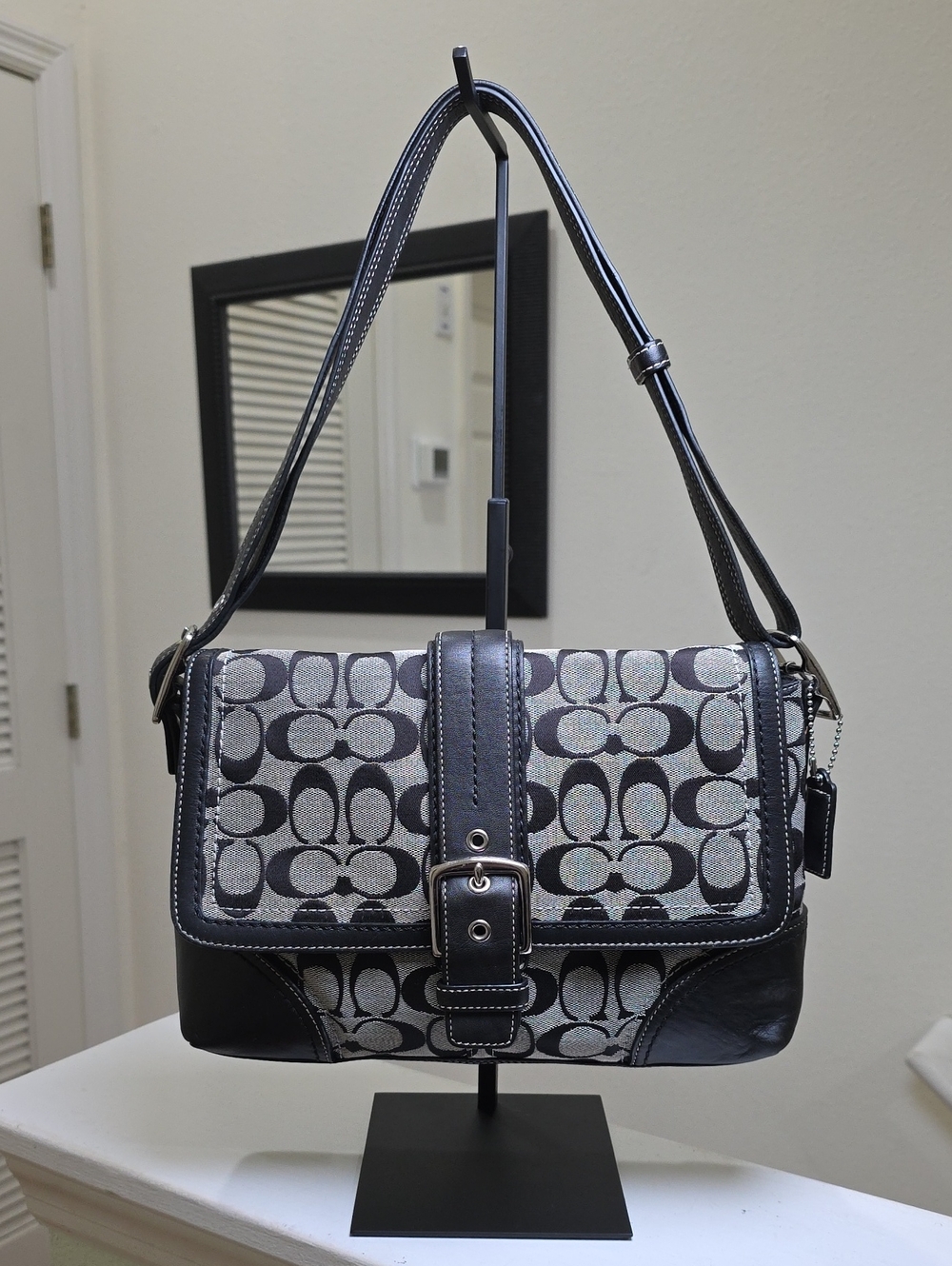 COACH F12641 Hamptons Signature Black/Gray Jacquard Flap Shoulder/Crossbody Bag